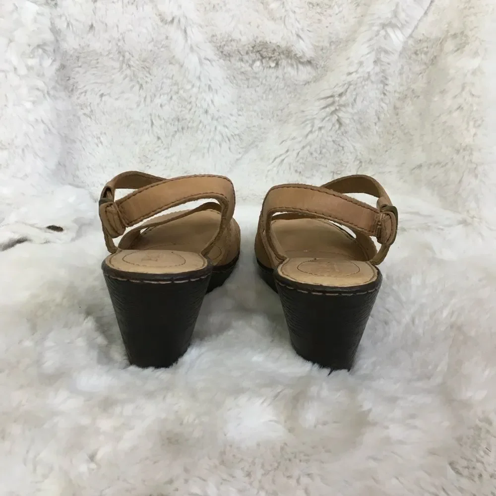 Born Women's Tan Leather Strappy Open Toe Wedge Sandals Size 9M